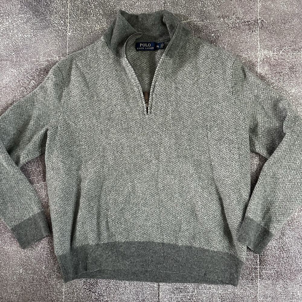 Women's Polo Ralph Lauren Herringbone Gray 1/4 Zip Up Merino Wool Sweater Sz XL